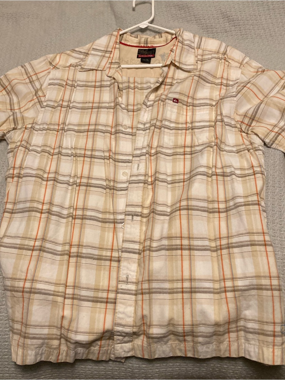 Quiksilver Men’s Cream and Orange Plaid Short-Sleeve Button-Down Shirt
